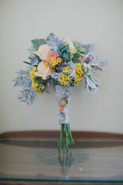 wedding bouquet with button wrap // elings park and godric park santa barbara wedding