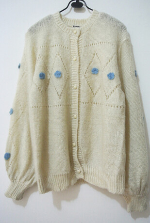 vintage复古古着日本制森林系田园手工钩花镂空白色小蓝花朵毛衣