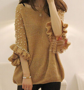 韩国2014新款纯手工订珠蝙蝠衫宽松针织衫套头毛衣外套女