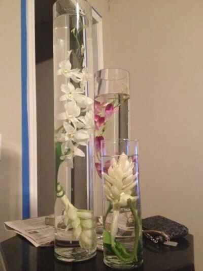 Trial Run with Real and Fake Dendrobium Orchids : wedding diy flowers orchid purple reception white Fake Arrangement