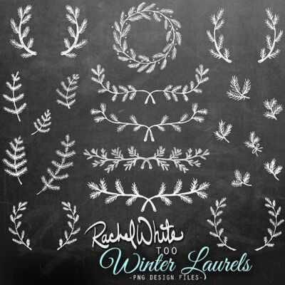 Winter Laurels Clip Art Set - 60 Images in Black, White, and Color - PNG, 300 dpi, 6 inches - Instant Download