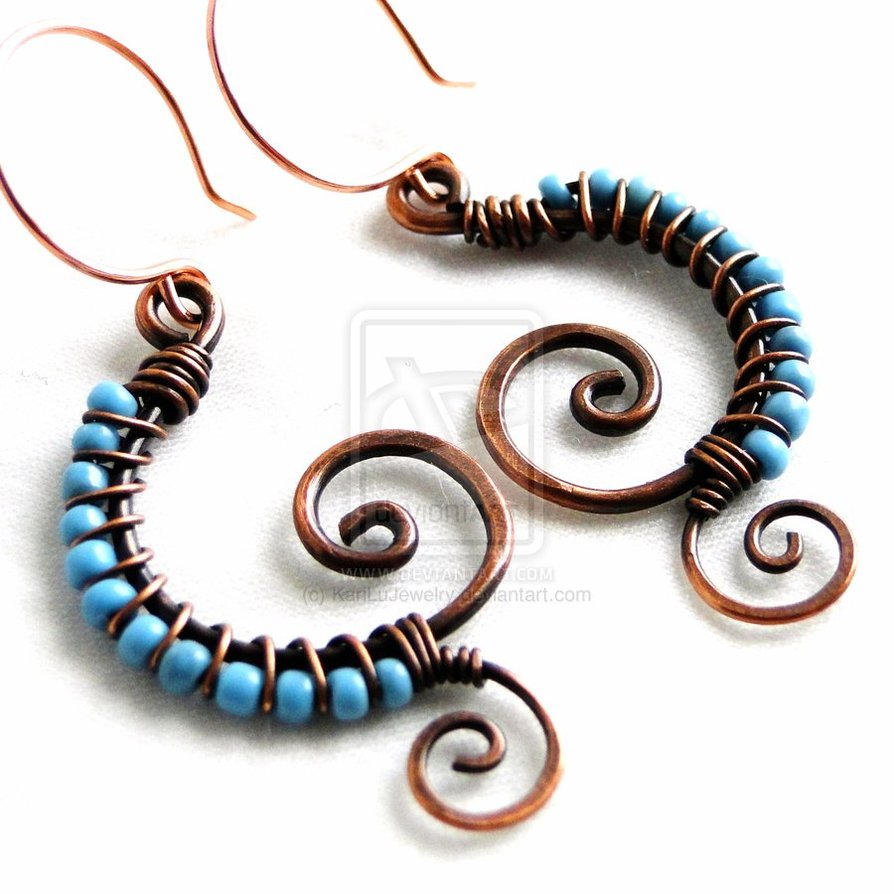 Turquoise Glass Wire Wrapped Spiral Earrings by KariLuJewelry