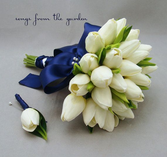 Real Touch Tulips Bridal Bouquet White Navy by SongsFromTheGarden, $90.00