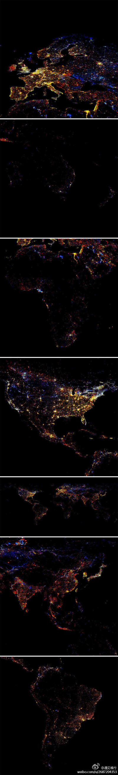 #遇见楠兮#卫星拍摄的世界各地夜景图。用Living Earth也看过，不过里面显示的灯光是浅黄色的，没那么多彩。共同点是，都体现了越发达的地方，夜晚越是灯火辉煌，堪比星空。