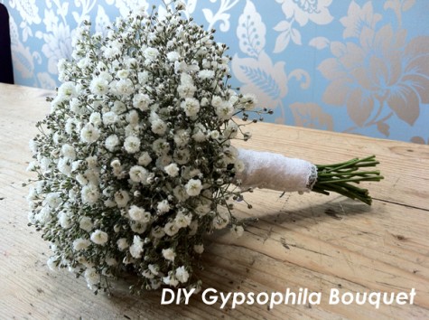 You will need About 5-6 bunches of quite full, open gypsophila String or raffia to tie with Scissors Ribbon Pearlheaded pins