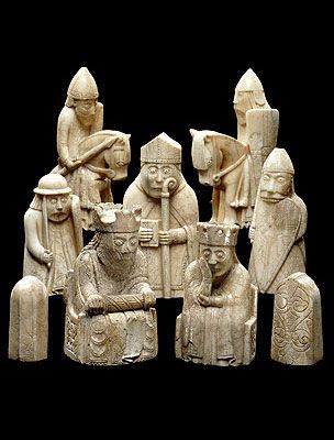 The Lewis Chessmen, probably made in Norway, about AD 1150-1200. At this period, the Western Isles, where the chessmen were buried, were part of the Kingdom of Norway, not Scotland. It seems likely they were buried for safe keeping on route to be traded in Ireland.