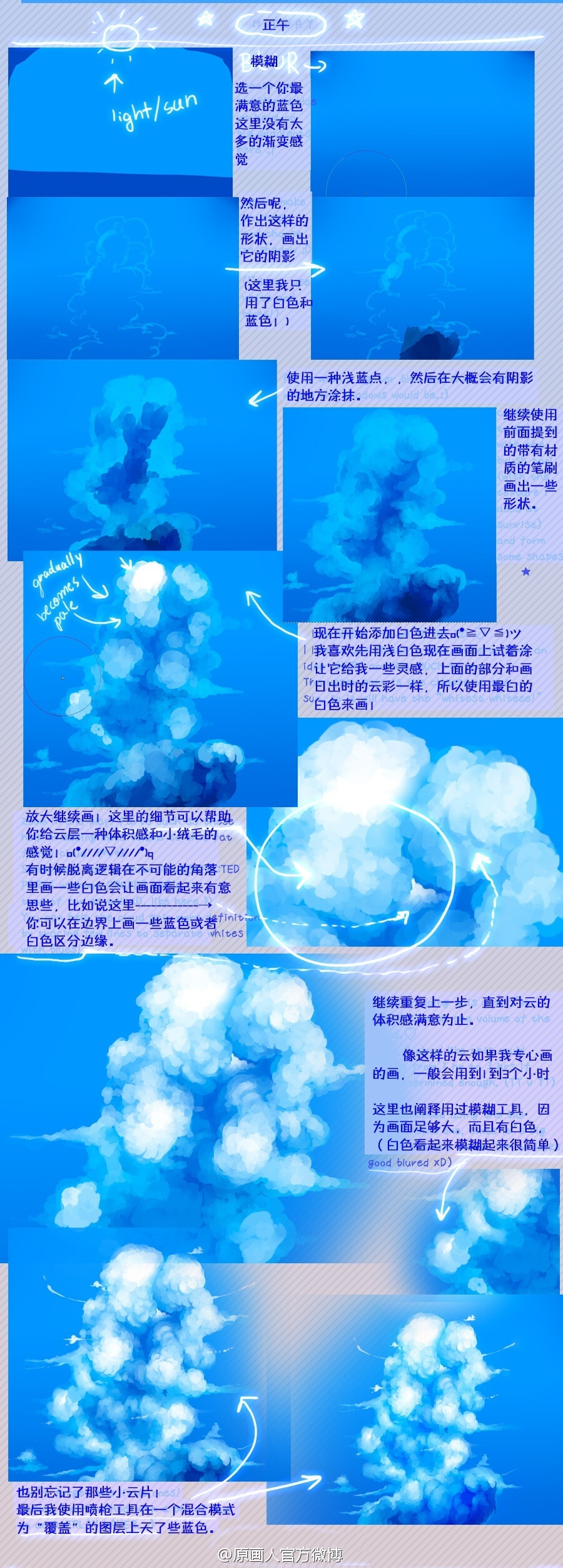 【早中晚三种天空云彩的画法】【汉化】前不久有位朋友说不知道夜晚的云彩的配色，小编觉得这个教程的配色就有参考意义。云的色彩过渡其实一定程度上与天空的色彩过渡相似。（via：uchuubranko）