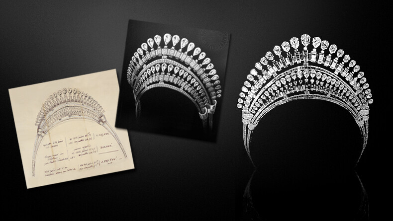 法丝娅公主（H.R.H. Princess Fawzia）的头饰设计图，1939年，Van Cleef &amp;amp; Arpels梵克雅宝珍藏/法丝娅公主（H.R.H. Princess Fawzia）的头饰，1939年，私人珍藏系列。这件不同寻常的头饰镶饰54颗总重92克拉的梨形钻石和530颗总重72克拉的长方形切割钻石。