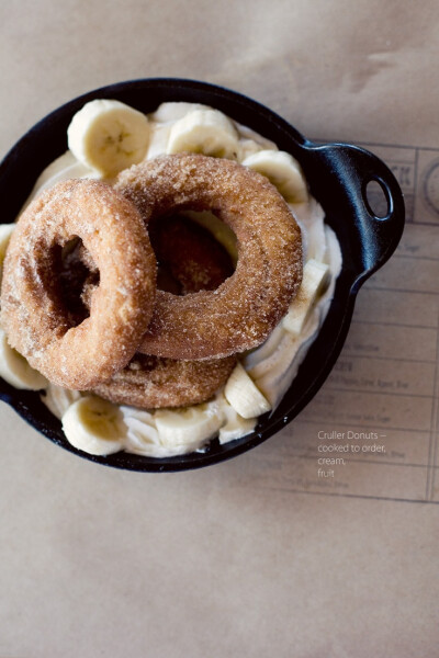 cruller donuts with cream &amp;amp; fruit