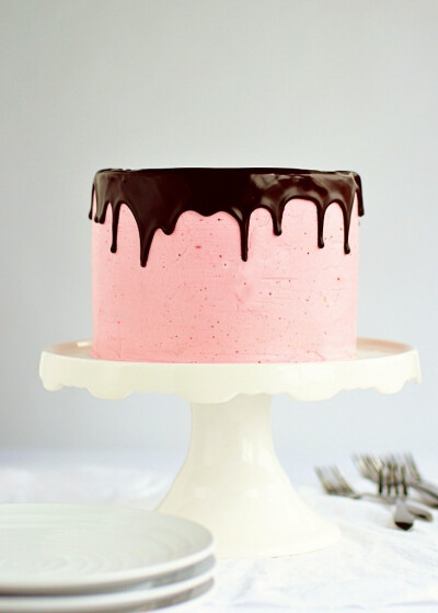 Six-Layer Dark Chocolate and Strawberry Buttercream Cake -- gorgeous