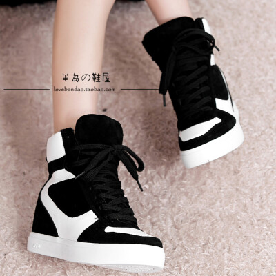 春秋新款韩版拼色松糕底高帮运动厚底鞋内增高休闲女鞋牛皮板鞋潮