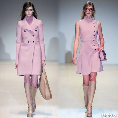 #2014秋冬米兰时装周# Gucci2014秋冬女装系列。轮廓清爽、剪裁精良、颜色粉嫩、结合了运动风和60年代风格