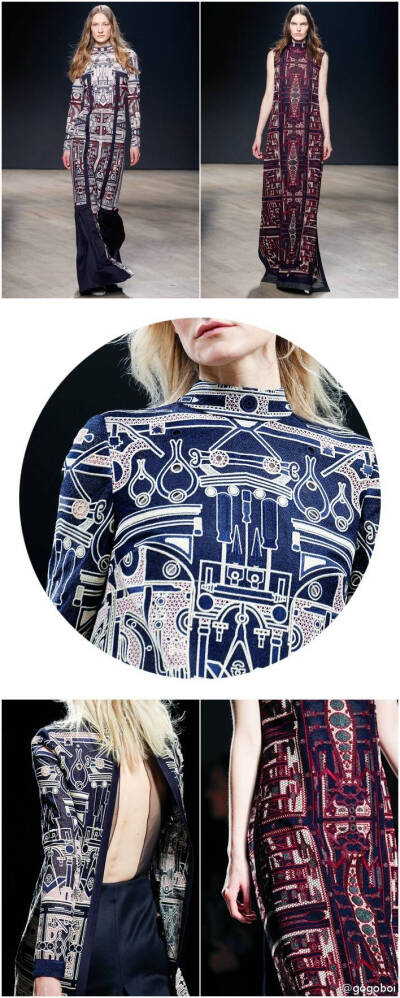 #2014秋冬伦敦时装周# 像Mary Katrantzou这样能把万事万物都做成漂亮衣裳的设计师就叫天才。从豪宅、邮票，到2014秋冬那些零零总总千奇百怪的标志徽章，都被她井井有条地整合进各式衣裳。并且这次她放弃了拿手的印花…