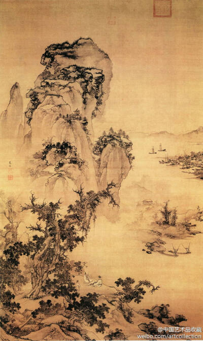 【 明 朱端 《烟江远眺图》 】轴，绢本设色，168.2×107cm，北京故宫博物院藏。 此图作全景山水，取景开阔，山高水远。前景画坡岸高树，雅士临江远眺；中景巨峰突起，陡然耸立；远景舟船重峦置于迷蒙的烟云之间，随水…