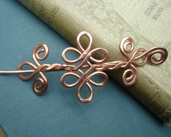 Celtic Knot Double Swirls and Curls Copper Shawl Pin, Hair Pin, Scarf Pin, Sweater Brooch, Barrette, Hair Clip - Hair Accessory, Accessories