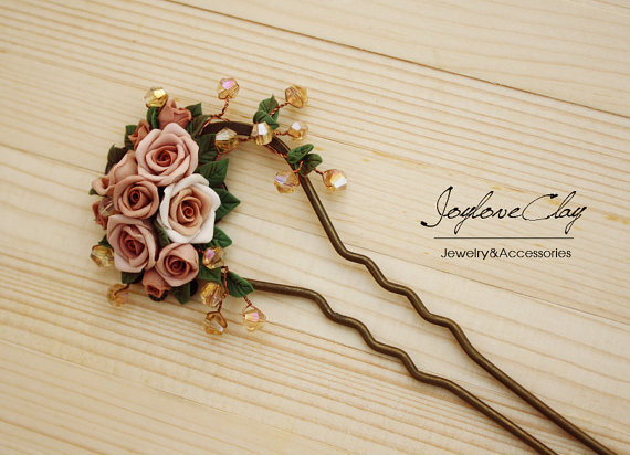 brown polymer clay rose hair stick, hair accessories ,handmade flowers