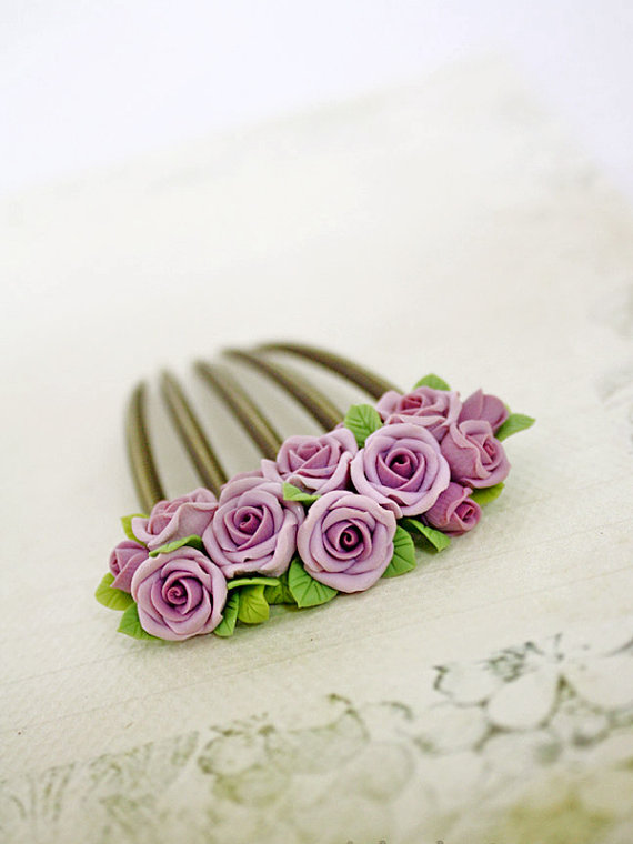 violet rose hair stick, hair accessories ,hair combs , bronze, polymer clay flower, handmade jewelry, gift for her