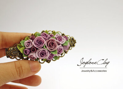 violet rose Barrette, hair clip, hair accessories ,handmade flowers , vintage style , bronze, polymer clay flower, handmade jewelry