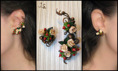 Tea roses ear cuff and stud by JSjewelry