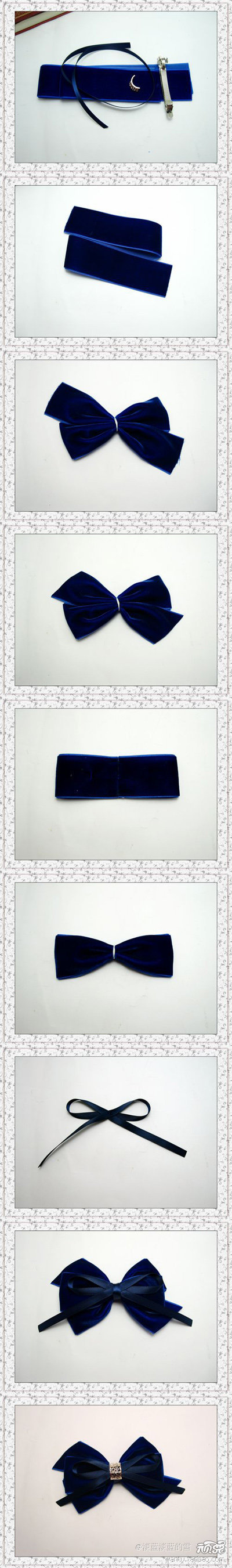 【蝴蝶结丝绒发夹】材料：丝绒带35cm+20cm 细缎带若干 花扣*1 弹簧夹*1