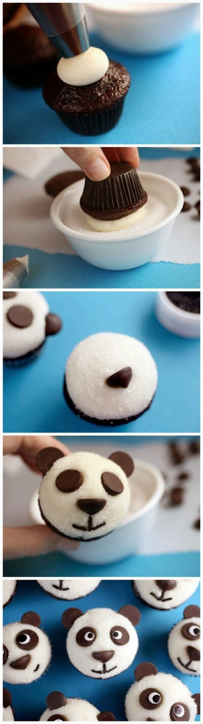 Panda Bear Cupcakes [Recipe &amp;amp; Tutorial] : so easy using chocolate chips for eyes, ears, nose + chocolate sprinkles for mouth!