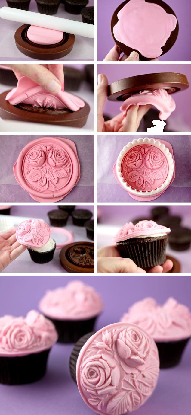 press fondant into a springerle cookie mold to make beautiful cookie and cupcake toppers. fabulous idea.