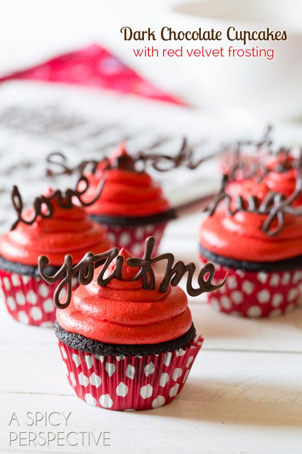 Dark Chocolate Cupcakes with Red Velvet Frosting with chocolate words on top! Very cute idea!