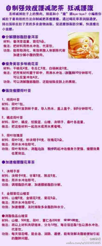  【自制强效瘦腰减肥茶】教你自制强效瘦腰减肥茶，可以排出囤积在肚子里的多余废物油脂，促进腰部脂肪分解，快速瘦出小蛮腰！一起来试试吧~：1、分解腰部脂肪普洱茶；2、瘦身美容多味桃花茶；3、强效瘦腰荷叶茶； 4…