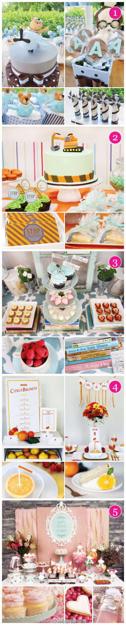 泰迪熊甜品、施工甜点,图书甜点,柑橘甜品和怀旧粉色甜品桌，都是新娘送礼会上漂亮餐点小装饰。