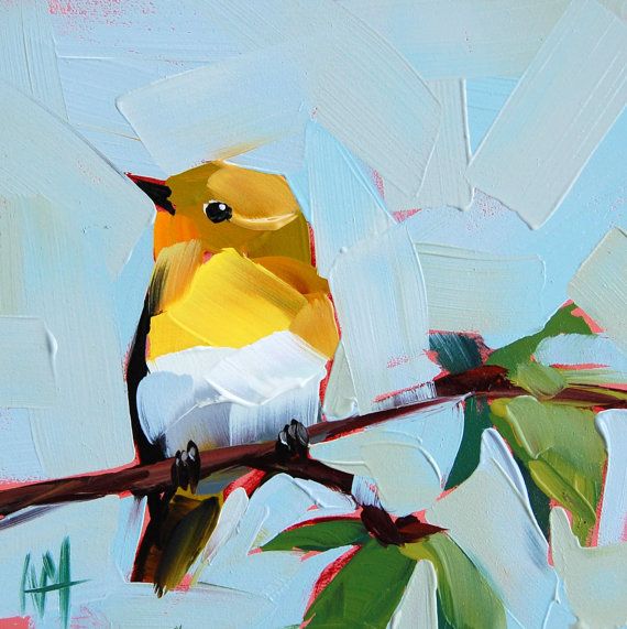 Yellow Throated Vireo on Elm Branch original bird oil painting by Angela Moulton 6 x 6 inches on panel prattcreekart can ship January 30