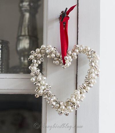 homemade Christmas ornament jingle bells pearls heart