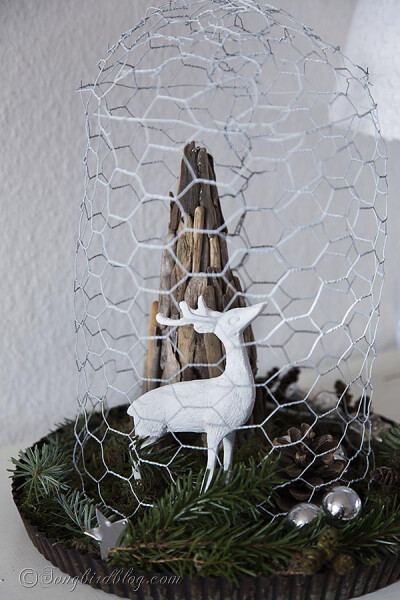 driftwood Christmas tree with deer under chicken wire cloche Christmas decoration 3