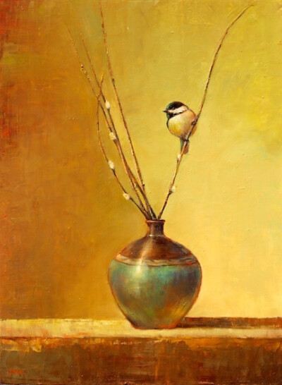 Chickadee &amp;amp; Raku ©2011 Lori McNee oil painting http://www.lorimcnee.com/