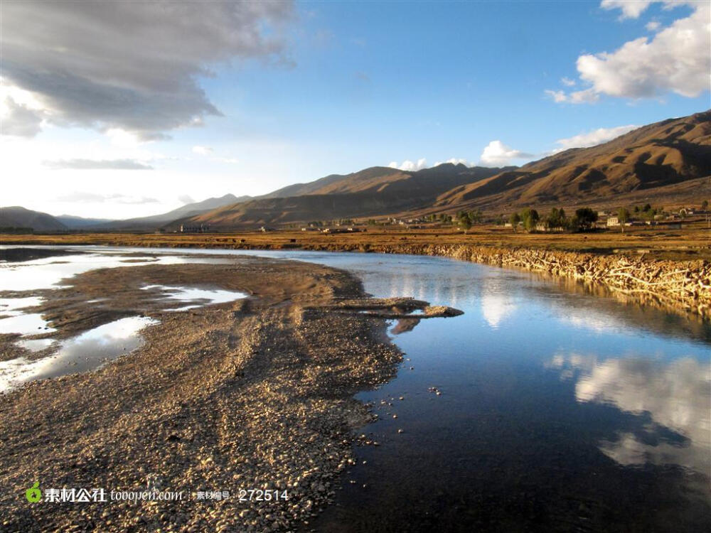 夕陽美景四川稻城龍古景區(qū)山水藍天白云景觀圖片素材