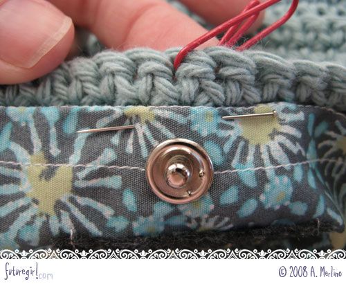 sew lining into crochet bag