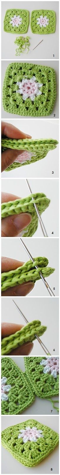 Crochet - Sewing granny squares together using the WHIP STITCH - Right sides together and sew in OUTER loops