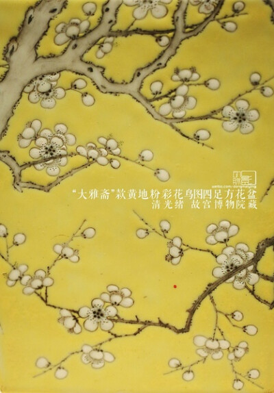2013.8.17 首都博物馆 “慈禧的瓷器-故宫珍藏瓷器展” 故宫博物馆藏 清光绪 “大雅斋”款黄地粉彩花鸟图四足方花盆(局部) 继续#黄#的主题
