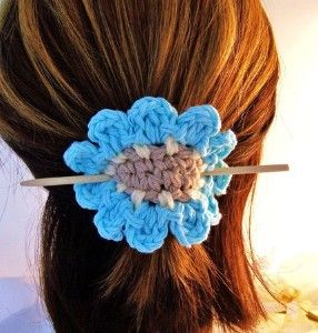 Crocheted Flower w/Bamboo Stick, Hair Accessory