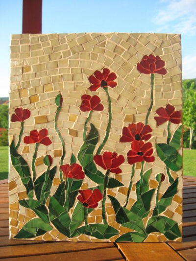 Mosaic panel FRAGILE BEAUTY Poppies handmade by andreamosaic, $150.00