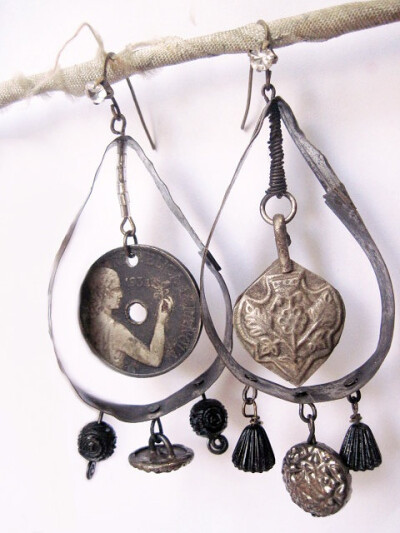 Black Black Rustic Assemblage Earrings Gypsy by fancifuldevices