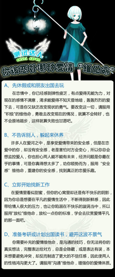 【你该恶补哪种爱情“维他命”】失业潮席卷而来，每个上班族都害怕被浪潮波及，假设浪头不幸扫到你，突然被公司告知回家休息，你会怎么做呢？【A】先休假或和朋友出国去玩；【B】不告诉别人，躲起来休养；【C】立即…