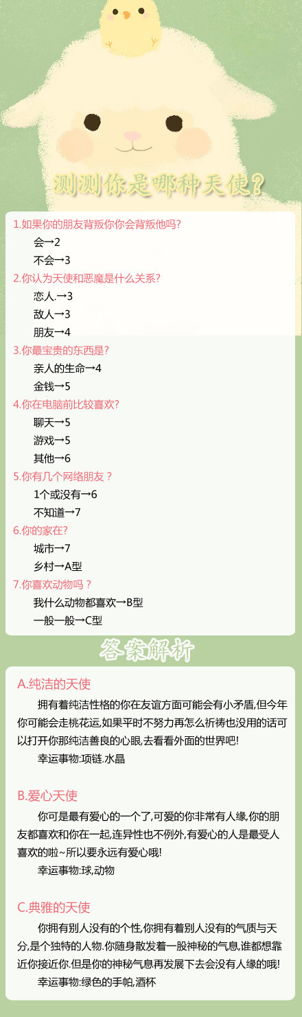 【测测你是哪种天使？】如果可以选择，你希望成为哪一种可爱的天使呢？做个测试看看吧，看你会被归入哪一类。