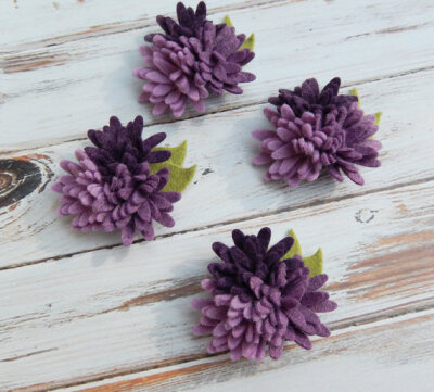 Wool Felt Flowers - Mini Daisies Purples Trio - Set of 4 with Leaves【快乐祝福】