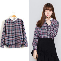 color服装 2014春夏新款韩版女装衬衣 学院风百搭复古格子纹立领