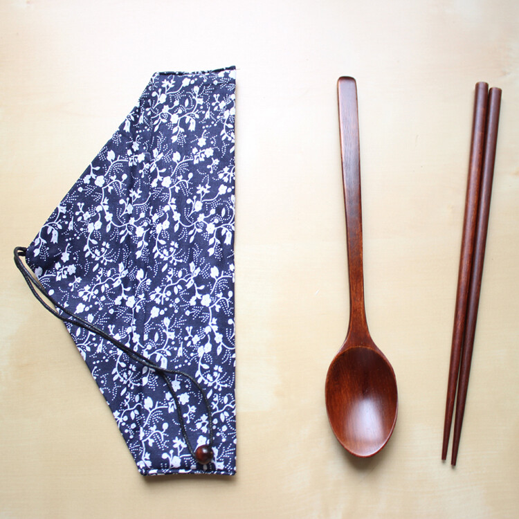 ZAKKA檀木筷子勺子套装和风布袋食器布艺便携餐具原木匙子筷