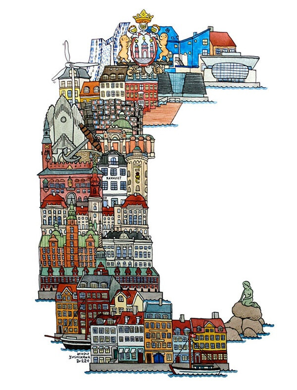 C：哥本哈根 日本插画师Hugo Yoshikawa 城市字母画报 插画欣赏 创意 建筑 手绘