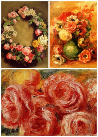 印象派大师雷诺阿喜画静物，尤其是玫瑰，在不同时期呈现不同的艺术风格：左上是“灰色时期”的写实主义，背景偏暗，用色拘谨，描摹仔细；右上是“阳光时期”的印象主义，色彩明丽、温婉甜美，充满了生命力；下方是“…