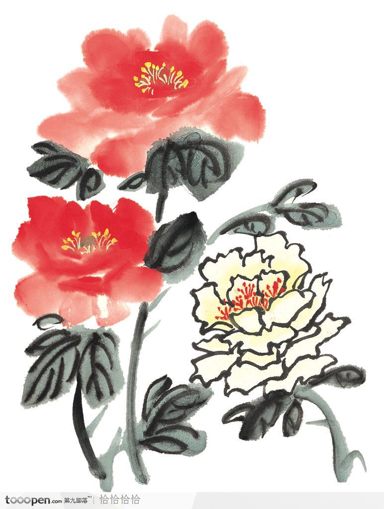 中国国画三朵盛开的花
