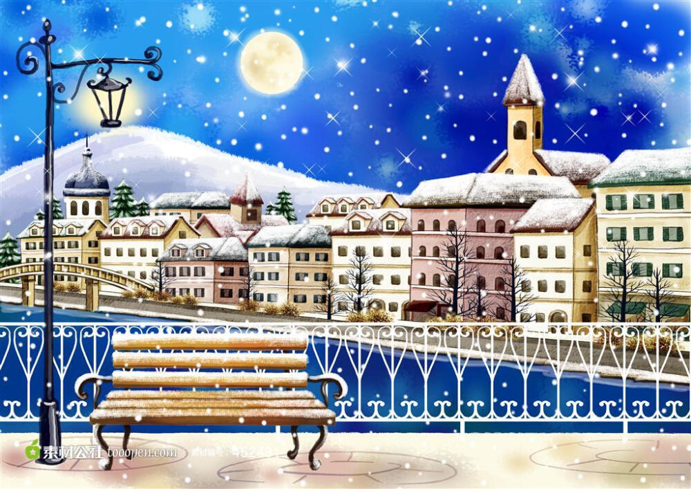 冬季正在下雪的湖畔的欧洲城市水彩画