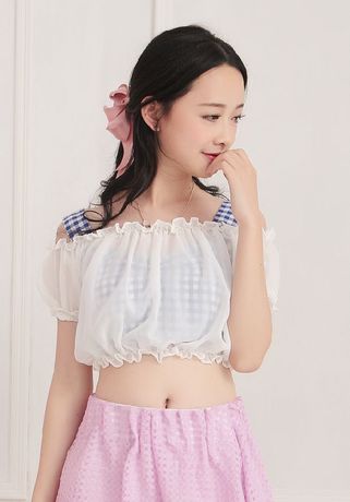 2014夏季vivi杂志款泡泡袖露肩透视雪纺衫短上衣+吊带背心两件套